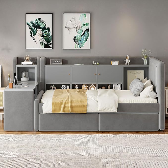 Twin Size Daybed with Desk, Storage Drawers and L-Shaped Bookshelf Headboard, Velvet Upholstered Soft Corner Bed with Flip Cabinets and Shelves for Kids Boys Girls, Gray