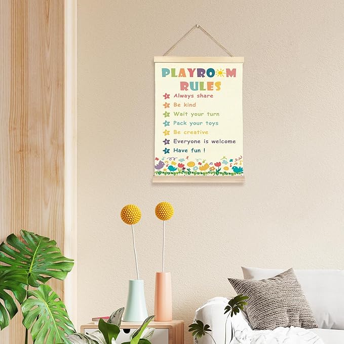 Hiuwevt Boho Playroom Rainbow Poster Hanger Frame, Kids Room Decor, Playroom Rules Colorful Wildflower Wall Art Decor for Toddlers Boys Girls Play Room Nursery Home, 12x16 Inch