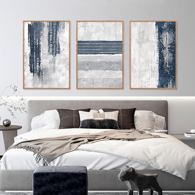 HLNIUC Navy Blue Abstract Framed Wall Art Set, Neutral Minimalist Canvas Wall Decor, Mid Century Modern Wall Painting, Grey Geometric Art Print for Living Room, Bedroom, Office - 24"x36"x3