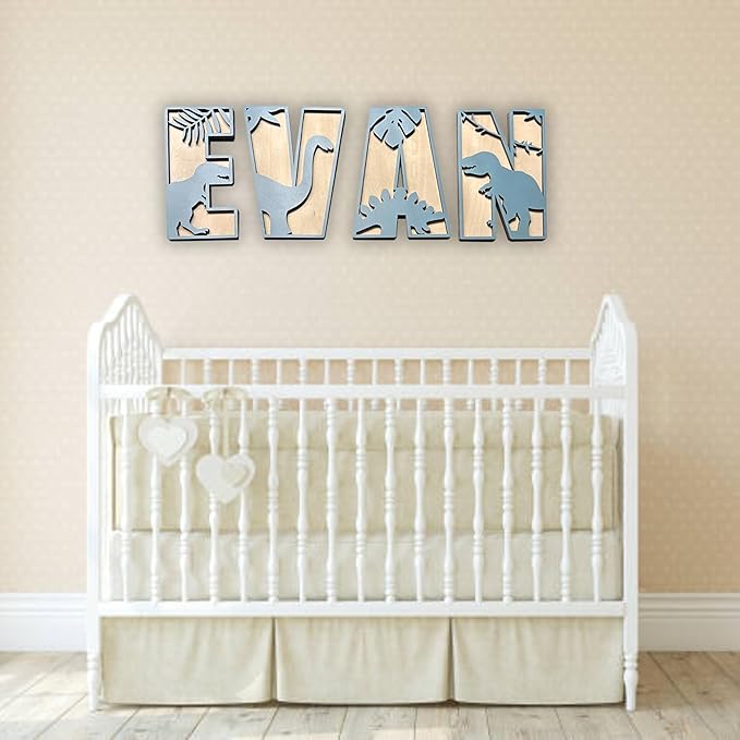 Personalized Wooden Name Sign - Custom Baby Name Signs for Nursery & Kids Room, Baby Announcement Sign, Wall Name Signs Personalized, Round Wooden Letters for Nursery Decor (3D Dinosaur)