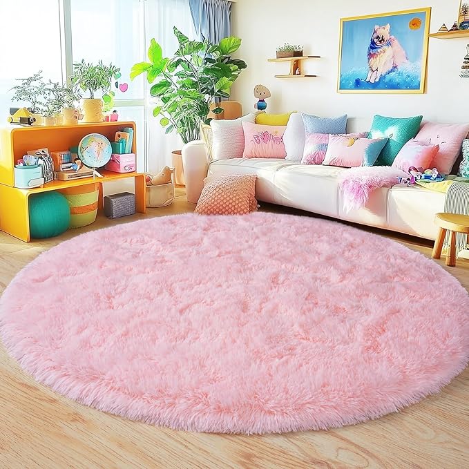 6‘x6’ Round Pink Rugs for Girls Bedroom, Ultra Soft Fluffy Circle Rug for Kids Room, Cute Shag Rugs for Living Room Playroom Tent Castle Home Decor Rug