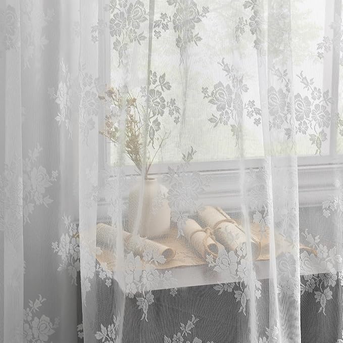 Kotile Extra Long Lace Curtains, Country Rustic White Lace Curtains 120 Inches Long for Living Room, Rod Pocket Privacy Sheer Lace Window Curtains, 52 x 120 Inch, 2 Panels, White