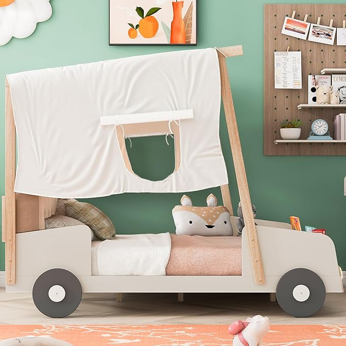 Full Size Car Bed with Pillow & Car Headlights Shaped LED Light,Wood Kid Bed Frame W/Ceiling Cloth & Magazine Holder,Toy Bedroom Furniture for Boys Toddlers Child,Natural