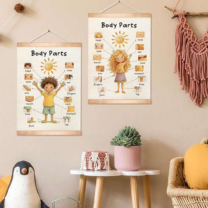 HEYJEEPER Kids Body Parts Learning Posters Set of 2,Linen Educational Wall Art with Wood Hanger, Cute Girl & Boy Body Parts Charts for Toddlers Preschool Classroom Playroom Nursery Decor,18.5x14 Inch