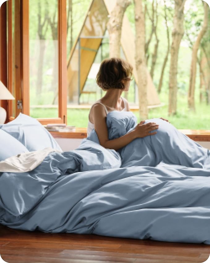 Bedsure Cooling Duvet Cover Queen Size, Cotton & Rayon Derived from Bamboo Blend Duvet Cover Set for Hot Sleepers,Ultra-Soft, Breathable & Lightweight Home Bedding for All Seasons (Light Blue,90"x90")