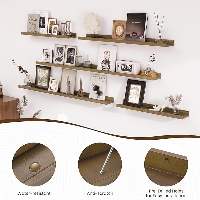 Fun Memories Picture Ledge Shelf, Pine Wood Floating Shelves Set of 2, 36 inch Nursery Book Shelves, Photo Ledge Book Shelves Wall Mounted for Living Room Kids' Room Bedroom - Light Brown