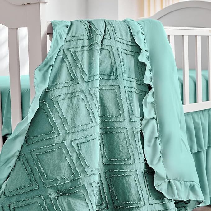 Mini Crib Bedding Set 3 Pieces Baby Boho Quilted Tufted Ruffles Comforter with Fitted Sheet and Ruffled Bed Skirt - Cute Shabby Baby Bedding Fits Mini Crib Only Teal Blue
