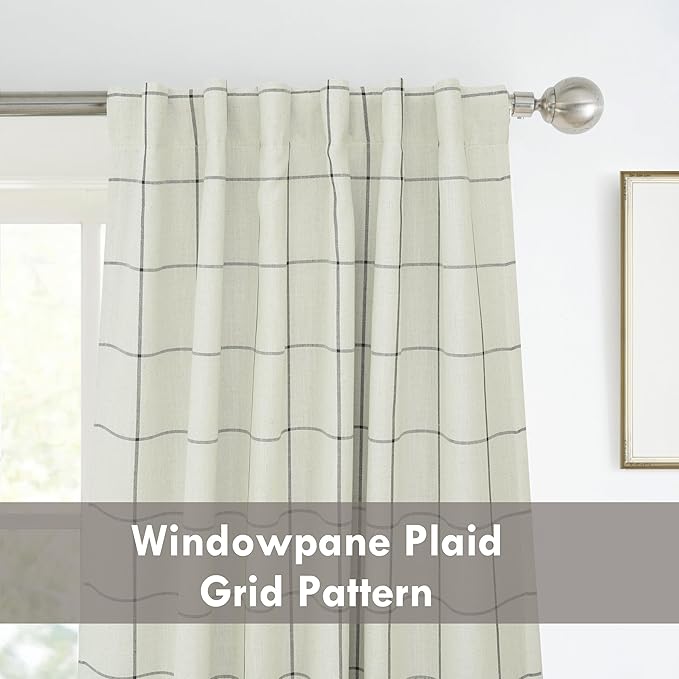 DriftAway 2 Panels 100% Blackout Windowpane Plaid Linen Curtains Double Layer Drapes for Bedroom 108 Inches Long Farmhouse Thermal Insulated 3.25 Inch Rod Pocket Back Tab for Living Room Black