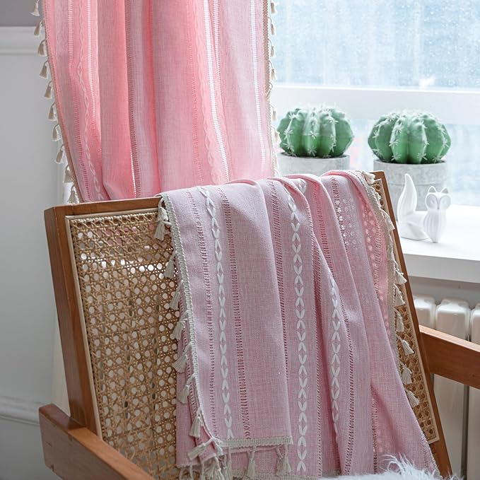 Deeprove Pink Boho Curtains 84 Inches Long for Bedroom Nursery, Privacy Bohemian Chic Textured Embroidery, Vintage Handmade Tassels Country Decor Drapery, Rod Pocket, 1 Panel W52 x L84, Blush