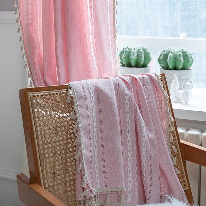 Deeprove Pink Boho Curtains 96 Inches Long for Bedroom Living Room Nursery, Bohemian Chic Textured Embroidery, Vintage Handmade Tassels Country Decor Drapery, Rod Pocket, 1 Panel W52 x L96, Blush