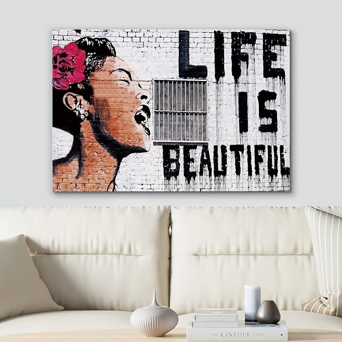 SIGNWIN Framed Canvas Wall Art Banksy Life is Beautiful Billie Holiday Graffiti & Street Art Famous People Pop Art Modern Urban Multicolor for Living Room, Bedroom, Office - 16x24 inches
