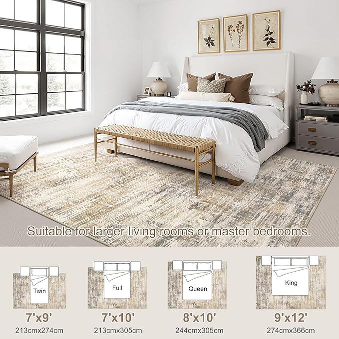 Area Rug for Living Room: 7x9 Washable Neutral Abstract Modern Soft Rugs Non Slip Indoor Floor Stain Resistant Large Carpet for Bedroom Dining Room Office Nursery - Golden Brown
