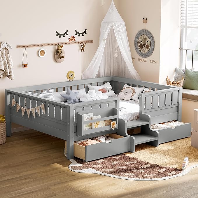 Bellemave Full Size Bed with Slats and Stairs, Full Size Platform Bed Frame with Fence, Bookshelf and Storage Drawers, Easy Assemble Beds for Kids, Girls, Boys, Gray