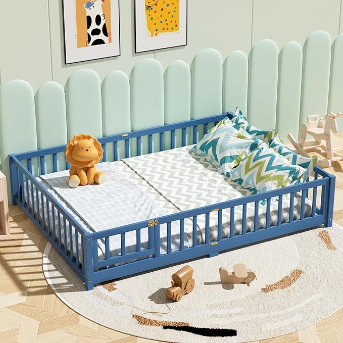 i-POOK Queen Floor Bed Frame with Wood Slats, High Fence & Small Door, Pinewood Montessori Floor Bed for Girls and Boys, Mist Blue
