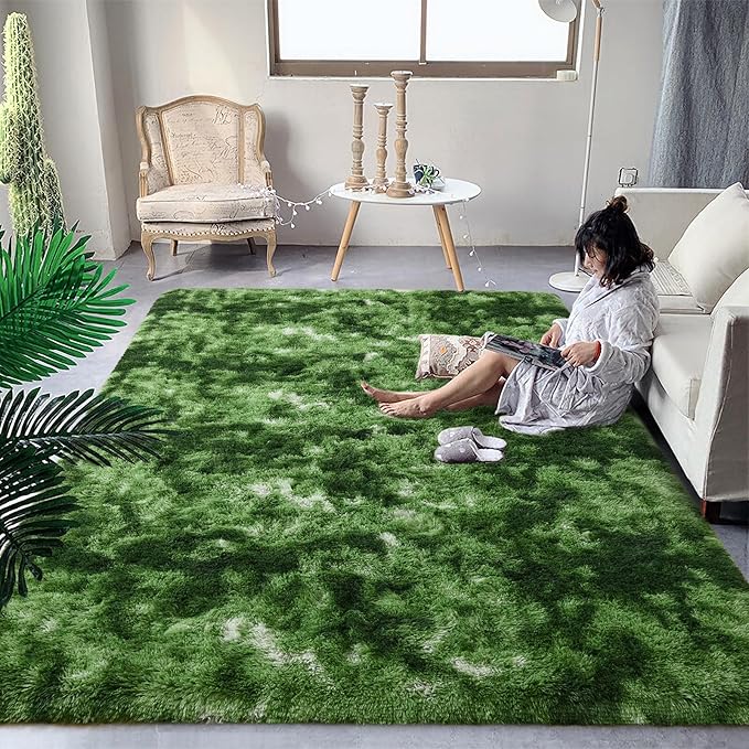 DweIke Fluffy Dark Green Rugs for Bedroom Living Room, 5x8 Large Soft Plush Shaggy Tie-Dyed Forest Moss Green Girls Boys Kids Rug, Non-Slip and Machine Washable Carpet for Dorm Nursery Decor