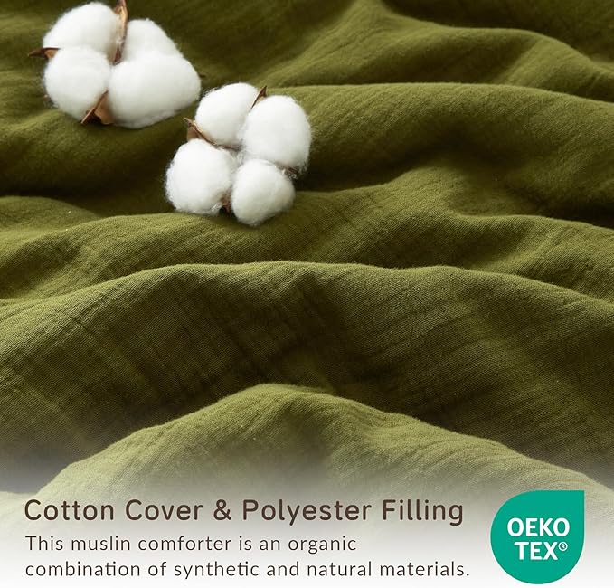 Muslin Comforter Set Queen Size, Cotton Cover & Polyester Filling, Breathable & Linen Like & Suitable for All-Season Use,3 Pieces(1 Comforter 90"x90", 2 Pillow Shams 20"x26"), Olive Green