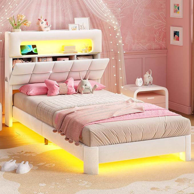 MSmask Twin Upholstered LED Bed Frame with 2-Tier Storage Bookcase Headboard, Velvet Princess Bed with Crystal Button Tufted Headboard & Charging Station, Girls Platform Bed, Curved Legs, White