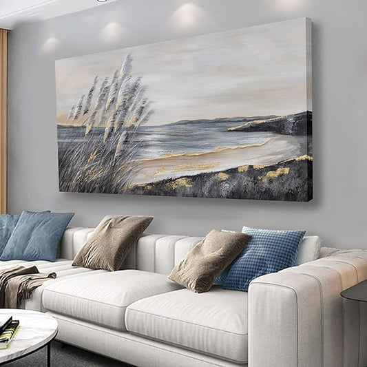 Yuaxker Ocean Art Wall Decor Grey and Gold Ocean Wall Art Large Modern Prints Trendy Canvas Painting for Living Room, Bedroom, Dining Room Office Home Decor 30x60 inch