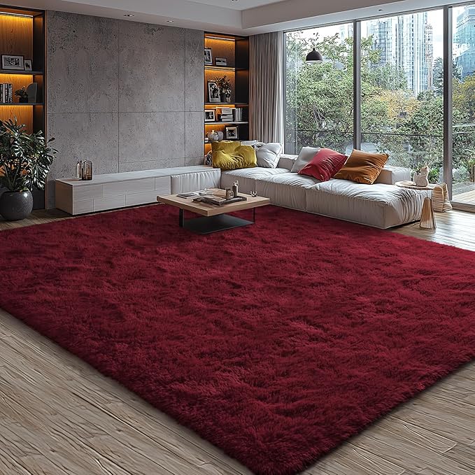EVOIONOS Ultra Soft Area Rug for Bedroom, 4x6 Machine Washable Fluffy Shag Rug for Living Room, Plush Non Slip Carpet for Indoor Floor Bedside Nursery Kids Girls Dorm, Home Decor Aesthetic, Burgundy