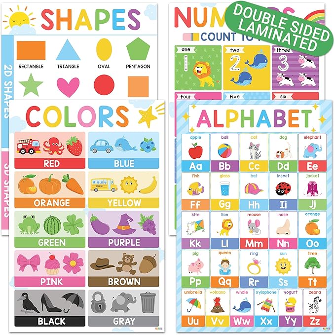 BEAWART ABC Alphabet Posters (Set 4-16'x24'), Color Shape Number Chart for Classroom Decor, Educational Posters, Learning Chart, Homeschool Supplies, Double Laminated