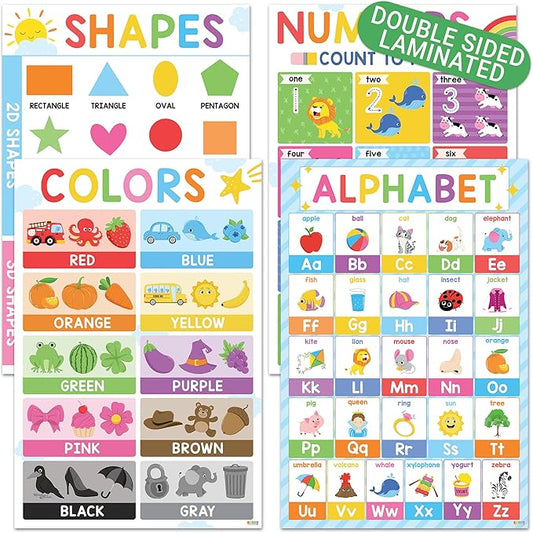 BEAWART ABC Alphabet Posters (Set 4-16'x24'), Color Shape Number Chart for Classroom Decor, Educational Posters, Learning Chart, Homeschool Supplies, Double Laminated