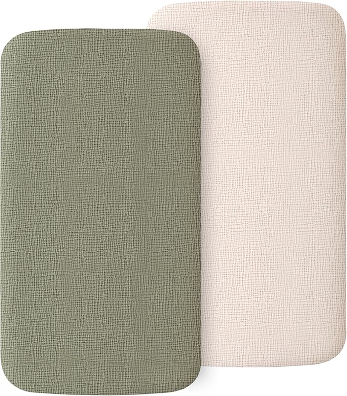 2 Pack Muslin Fitted Bassinet Sheets for Babies, Soft & Breathable 100% Cotton Bedside Sleeper Bassinet Sheet, Moses Basket Oval Rectangle Pad/Mattress