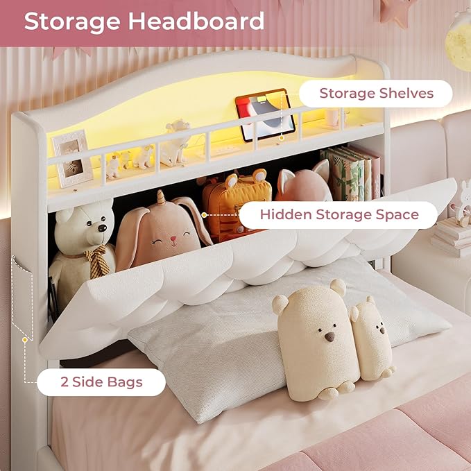 BTHFST Twin Bed Frame with Storage Headboard & 4 Drawers, Girl Upholstered Storage Bed with LED Lights & Charging Station, No Box Spring Needed, Easy Assembly, Beige