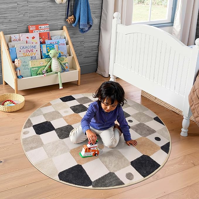 jinchan Macy Round Rug 5ft Kids Washable Rug Indoor Non-Slip Black and White Modern Soft Rug Elementary School Classroom Diamond Carpet for Nursery Playroom Daycare Bedroom Living Room Marble on Cream
