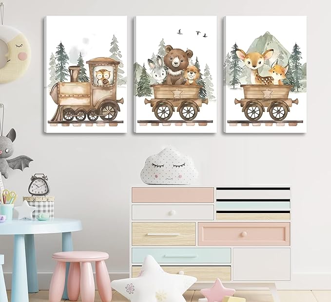 3Pcs Framed Woodland Animal Nursery Canvas Wall art Forest Wildlife Train Adventure Drawing Picture Wall Decor Fox Bear Deer Rabbit Owl Poster Printings for Boys Girls Room Home Decoration