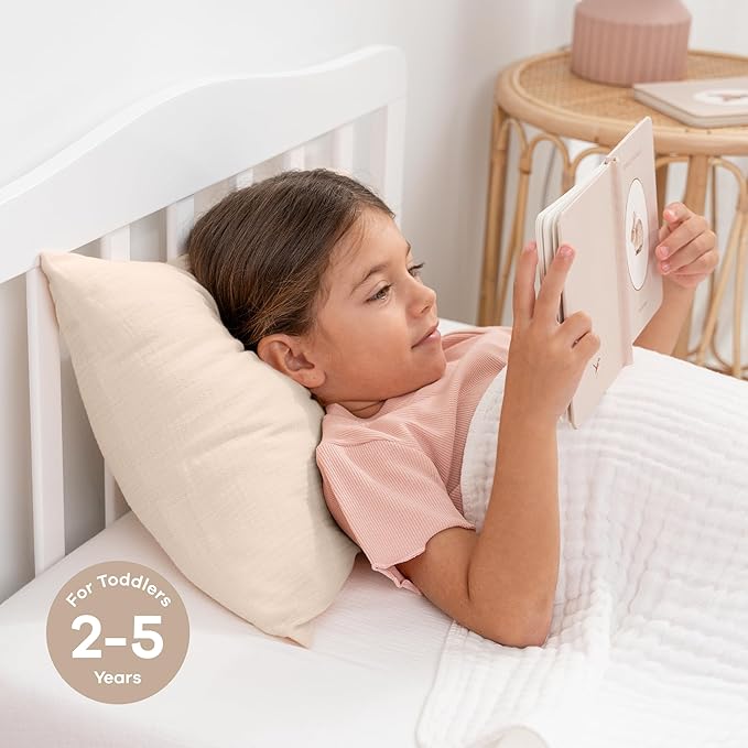 Comfy Cubs Toddler Pillow with Muslin Pillowcase, 13 x 18 in, 2 Pack - Travel and Sleep Support for Kids - Lightweight, Breathable Microfiber Fill - Soft and Cozy Small Pillow for Toddlers - Cream