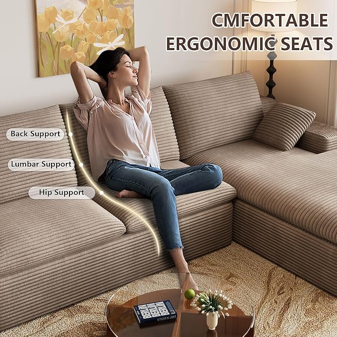 Cloud Sectional Couch,107 Inch Modular Sectional Sofa with Deep Seat, Modern Corduroy Boneless Couches with L-Shape Chaise for Living Room Bedroom, No Assembly Required (Camel, Right Facing Chaise)