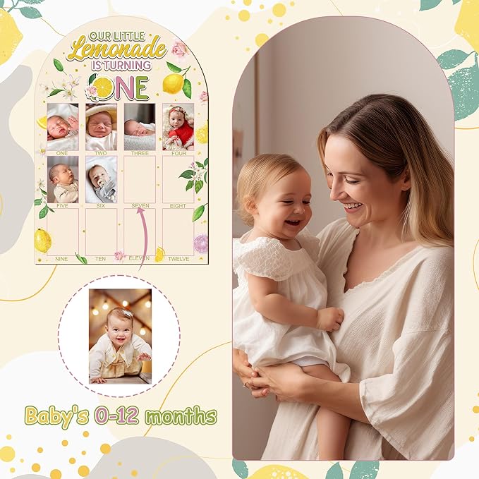 R HORSE My First Year Photo Display Wood Board - Baby’s First Year Picture Frame, 12 Months Milestone Board, 3D Lemon Neutral Baby Keepsake Gift One Year Old Birthday Nursery Decor for Girl Boy
