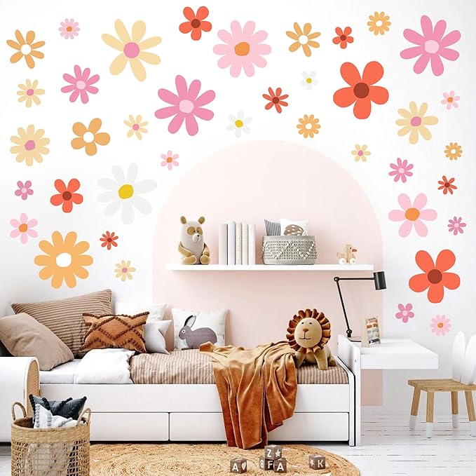 12 Sheets Daisy Wall Decals Boho Flower Wall Stickers Cute Kids Girls Room Decor Peel and Stick Floral Decals Toddler Nursery Playroom Living Room Bedroom Classroom Retro Hippie Decor Fresh Style