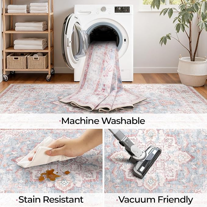 Machine Washable Rugs Nursery Rug 4x6 Cute Girl Non Slip Low Pile Water Repellent Soft Print Pattern for Bedroom Indoor Decor Kids Playroom Pinkblue