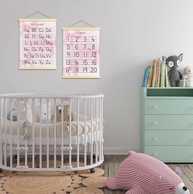 Buildinest Numbers Abc Wall Chart for Toddler Learning Posters, Nursery Wall Decor Playroom Wall Decor and Alphabet Banner,Preschool &Homeschool Wooden Alphabet Poster For Toddlers-B15