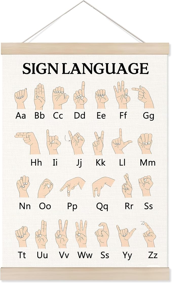 Welshower Sign Language Alphabet Poster Hanger Frame, ASL Alphabet Special Educational Wall Art Prints Decor for Classroom Toddler Kids Bedroom Nursery Playroom Framed, 12x16 Inch