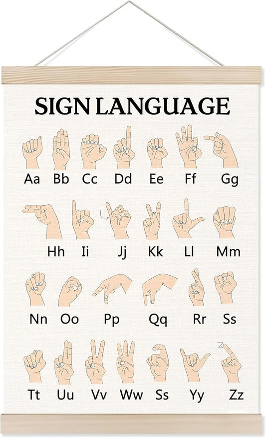 Welshower Sign Language Alphabet Poster Hanger Frame, ASL Alphabet Special Educational Wall Art Prints Decor for Classroom Toddler Kids Bedroom Nursery Playroom Framed, 12x16 Inch