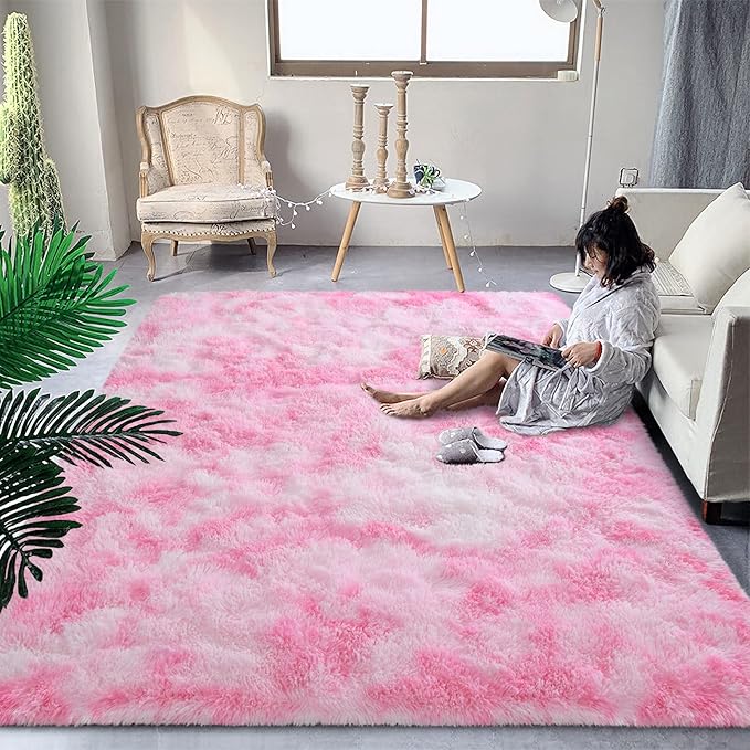 DweIke Fluffy Pink White Rugs for Bedroom Living Room, 5x8 Feet Soft Plush Shaggy Tie-Dyed Pink Girls Boys Kids Rug, Non-Slip and Machine Washable Carpet for Dorm Nursery Classroom Decor