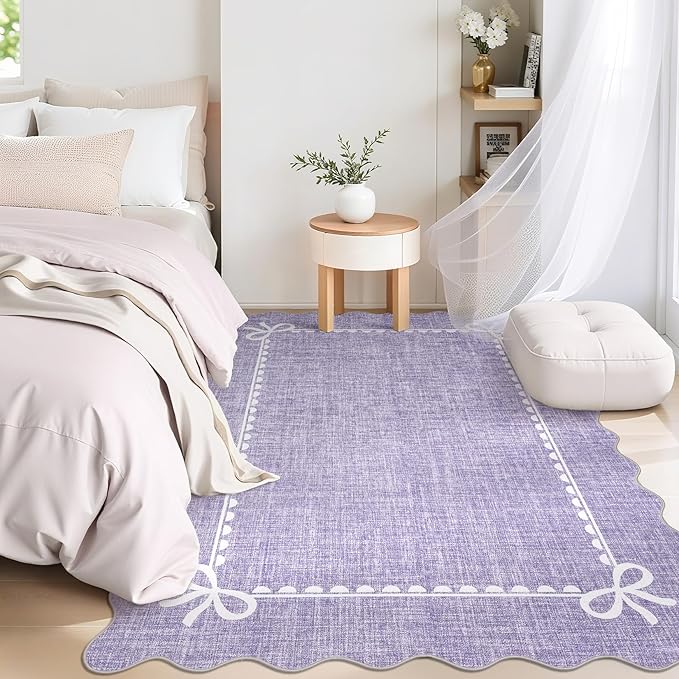 GarveeHome Scalloped Bow Rug for Living Room, Solid Purple Rug for Dorm, Washable Rugs 3x5 Soft Low Pile Non Slip Scalloped Rugs for Nursery College Bedroom Decor Kids Room Playroom