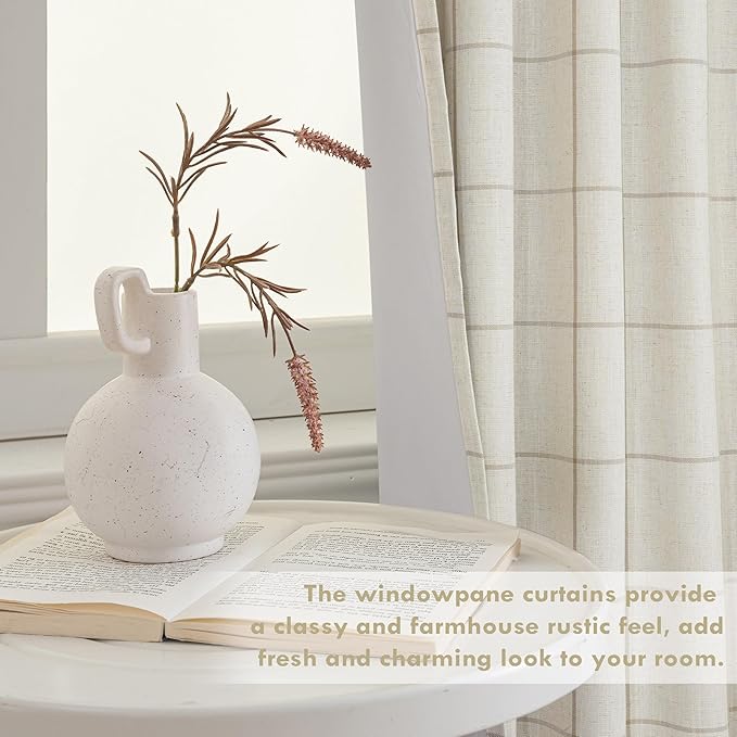 DriftAway 2 Panels 100% Blackout Windowpane Plaid Linen Curtains Double Layer Drapes for Bedroom 102 Inches Long Farmhouse Thermal Insulated 3.25 Inch Rod Pocket Back Tab for Living Room Taupe