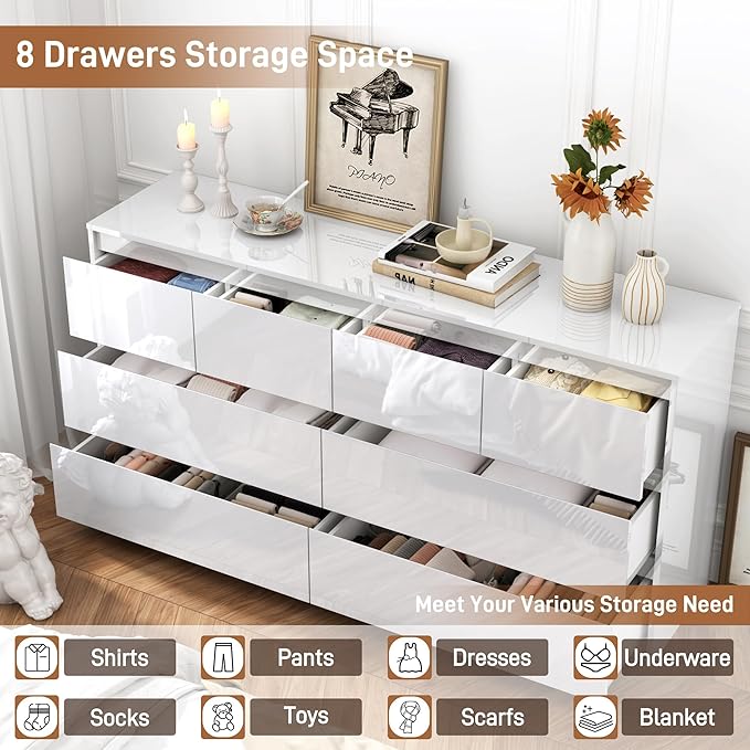 White Malm Dresser for Bedroom, 63 Inch Full High Gloss Dresser with 8 Drawers, Modern Large Wood Chest of Drawer Handle Free, Living Room, Entryway, Hallway, White