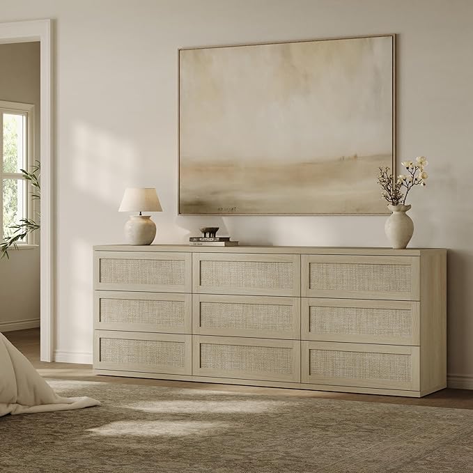 SICOTAS Dresser for Bedroom - 9 Drawer Dresser for Nursery 75" Wide Rattan Dressers & Chests of Drawers Boho Drawers for Bedroom Living Room Clothes Long Closet Storage for Closet Hallway Entryway
