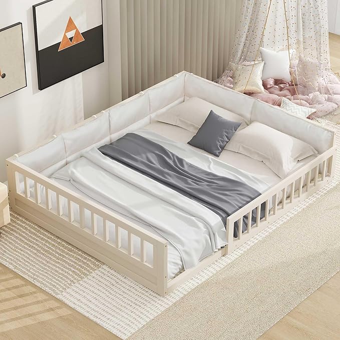 Full Size Upholstered Floor Bed with Guardrail, Montessori Platform Bed Frame for Kids and Toddlers, Wood Slat Support, No Box Spring Needed (Beige + Solid Wood+MDF + Full)