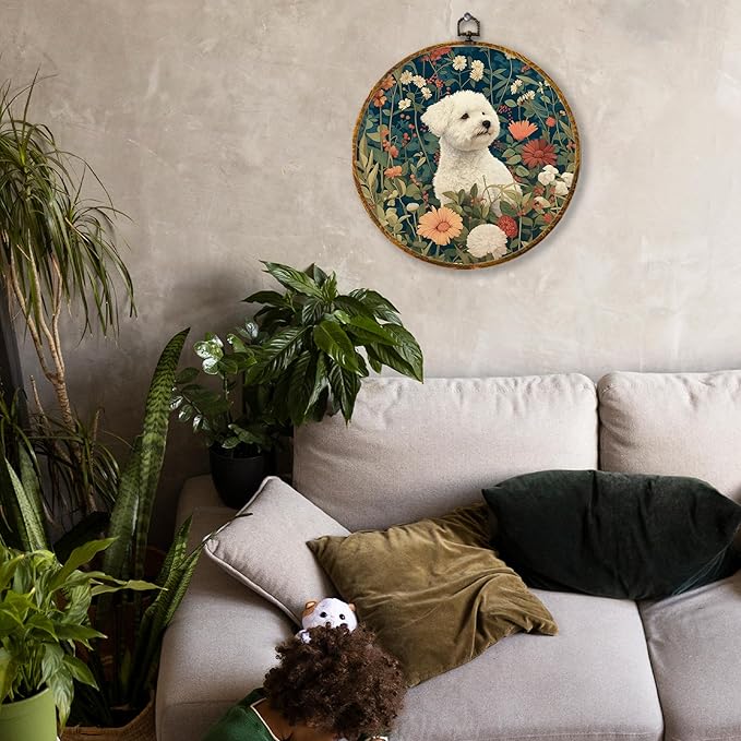 Hiuwevt Vintage Floral Bichon Frise Round Wall Art Decor, Bichon Frise Gifts Framed Canvas Prints, Cottagecore Flower Dog Round Wall Hanging Decor for Home Bedroom Room Decorations, 10x10 Inches