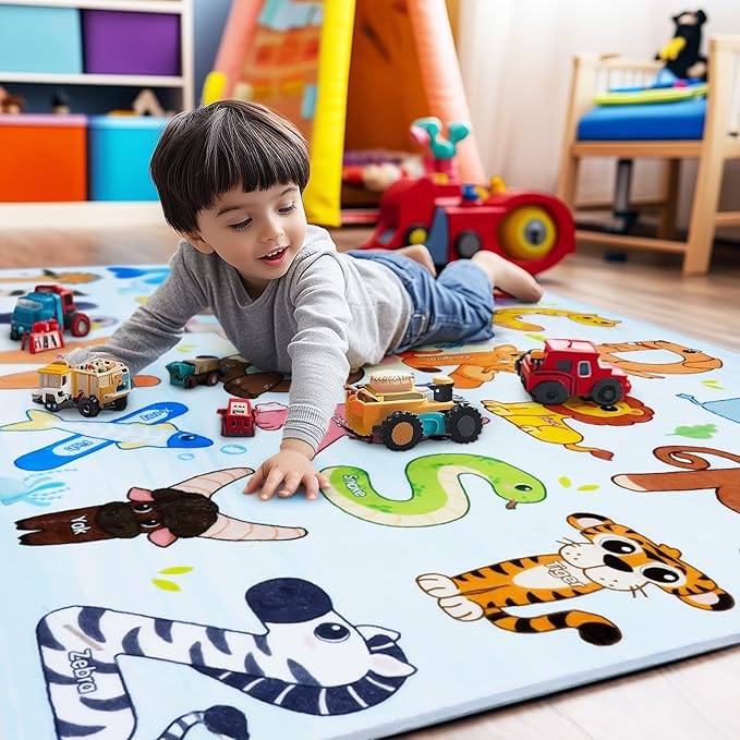 Kids Rugs for Playroom, 7x9 Feet Educational Rug for Learn The ABC Alphabet, Soft Machine Washable Non-Slip Cute Animal Carpet for Classroom Toddler Nursery Kids Room Decor Mat, Blue
