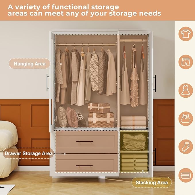 Armoire Wardrobe Closet with Mirror, 3 Door White Wood Wardrobe Closet Wooden Bedroom Armoire 2 Drawer with Hanging Rods for Home/Bedroom/Living Room White-50+51