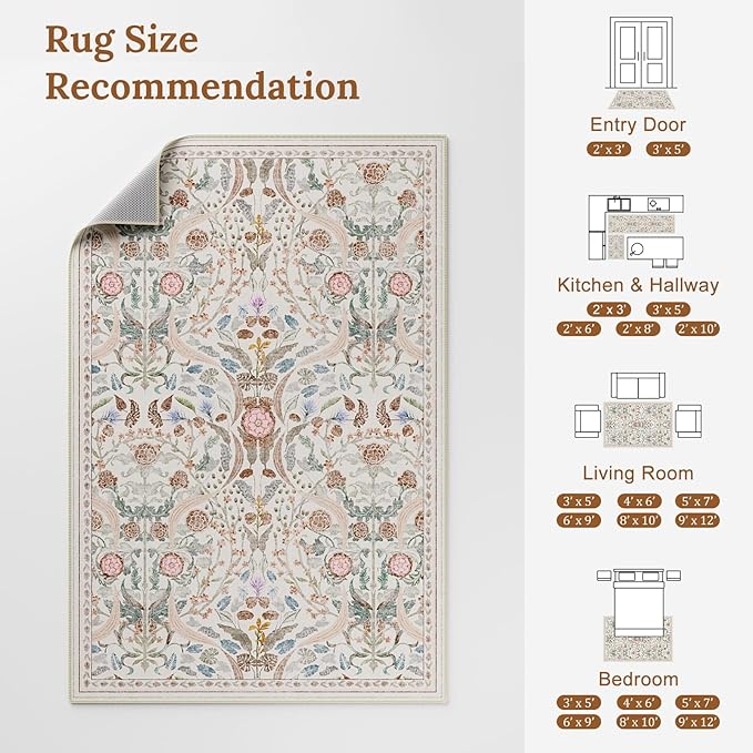 AMTOVO 2x6 Runner Rug for Hallway, Washable Non-Slip Long Kitchen Carpet, Floral Vintage Distressed Floor Mat for Hallways Entryway Living Room Laundry Room Bathroom Farmhouse, Beige