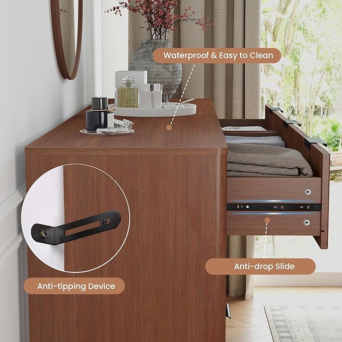 SUNWAVE 6 Drawer Dresser for Bedroom, 49.6" Wide Modern Fluted Dresser with Round Corner, Wood Chest of Drawers for Living Room