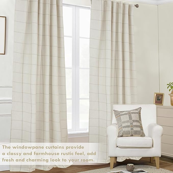 DriftAway 2 Panels 100% Blackout Windowpane Plaid Linen Curtains Double Layer Drapes for Bedroom 108 Inches Long Farmhouse Thermal Insulated 3.25 Inch Rod Pocket Back Tab for Living Room Taupe