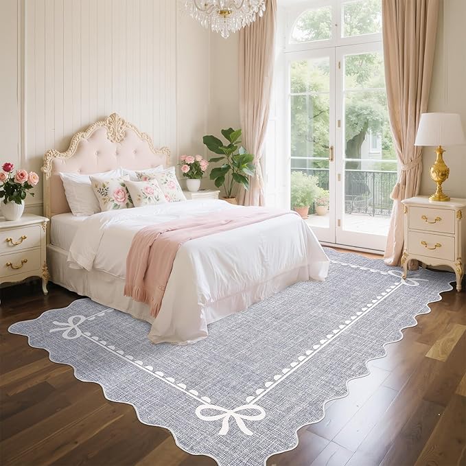 GarveeHome Scalloped Bow Rug for Living Room, Solid Grey Rug for Dorm, Washable Rugs 6x9 Soft Low Pile Non Slip Scalloped Rugs for Nursery College Bedroom Decor Kids Room Playroom